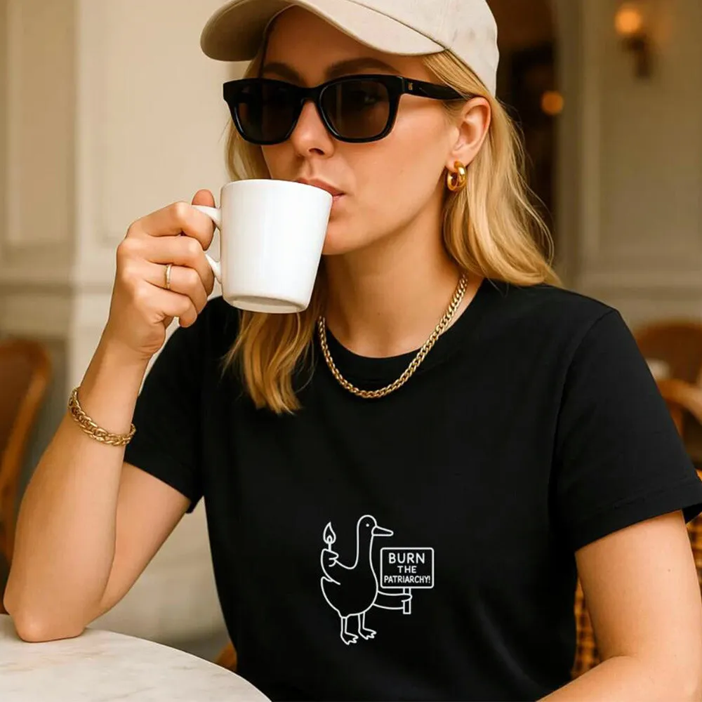 Burn The Patriarchy Letters Printed Female Funny Goose Printing Tops Tees Summer Short Sleeve 100% Cotton Crewneck Loose T Shirt