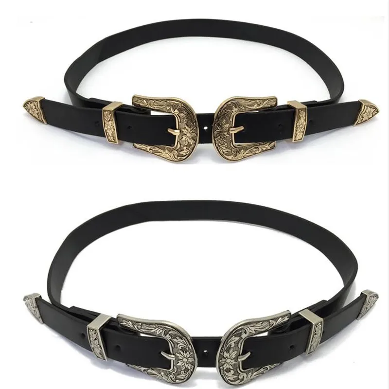 New Women Ladies Double Buckle Leather Belt Fashion Vintage Carved Double Buckle Cowhide Belt Gold and Silver Buckle Casual Belt