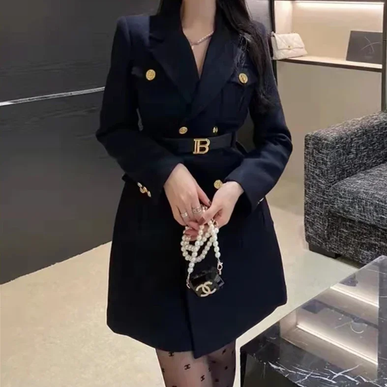 Spring Autumn New Fashion Temperament Waist Slim Dress Ladies Celebrity Commuter All Match Long Coat Skirt
