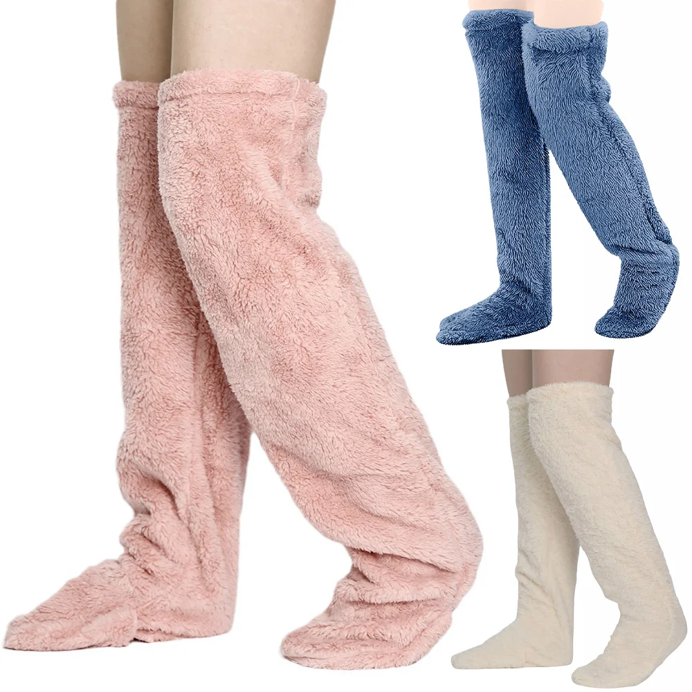 Calcetines largos peludos de invierno, calentadores de piernas de felpa por encima de la rodilla para mujer, calentadores de piernas largos peludos, calcetines para dormir en casa