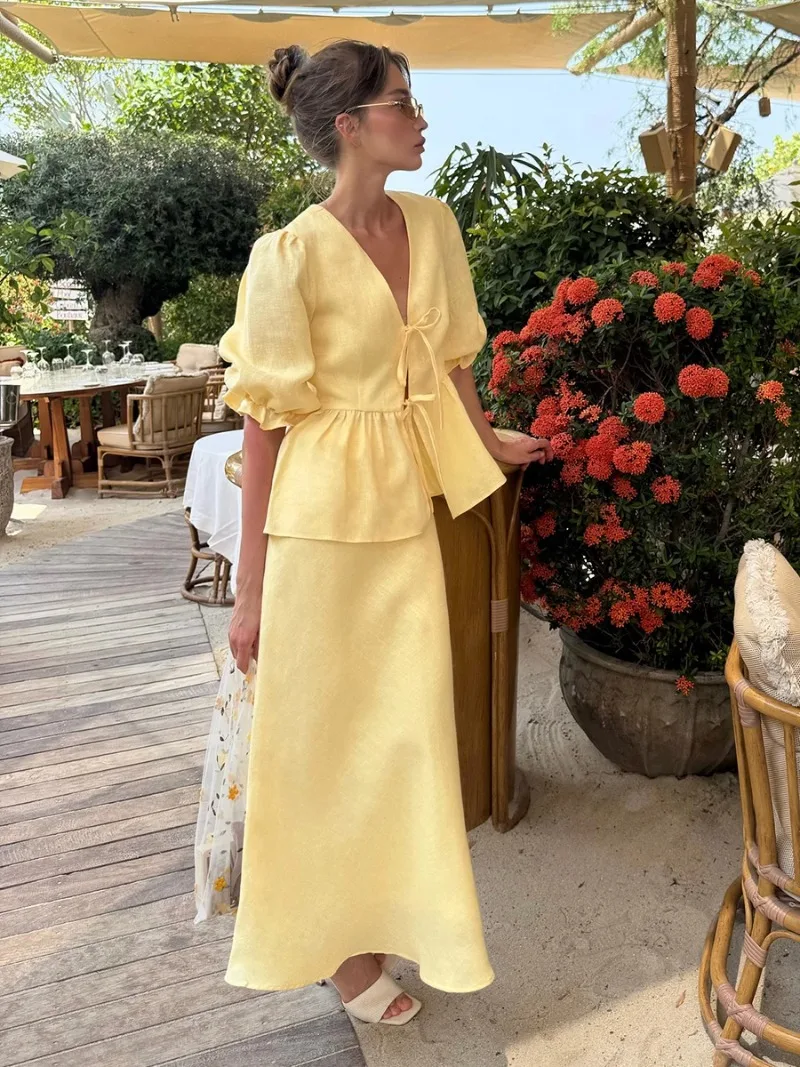 

2025 New Summer Women's 100% Cotton V-Neck Lace-Up Bubble Sleeve Shirt Long Skirt Set Loose Comfortable Casual Two-Piece Suit