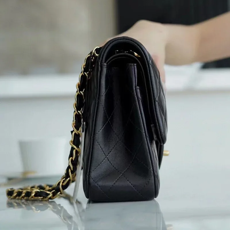 حقيبة عطر صغيرة الكافيار الذهب الأسود سلسلة جلدية الليتشي نمط الماس شبكة فاخرة المرأة حقيبة كتف كروسبودي #4