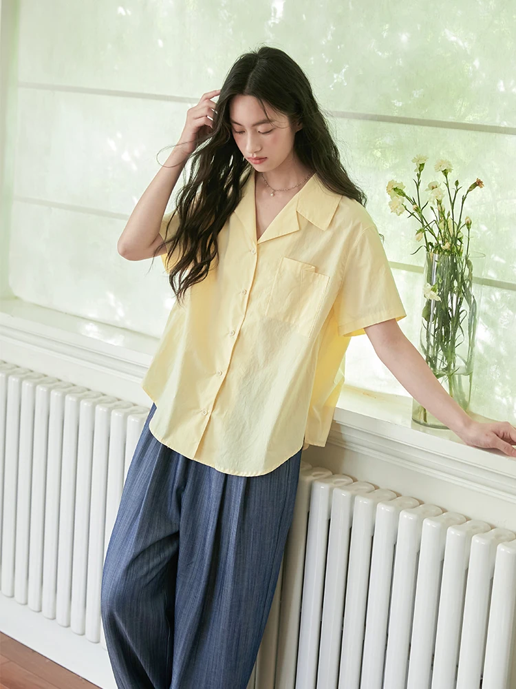 

Женская футболка LBAO из чистого хлопка с кубинским воротником, повседневная, свободного кроя, дышащая, летняя, модная, желтого цвета