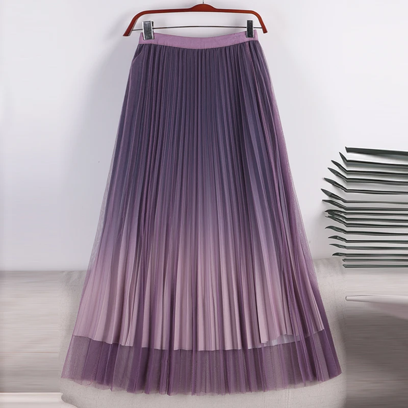 

2022 Spring Autumn New Elastic High Waist Gradient Mesh A-line Skirts Women Clothing Summer Vintage Pleated Skirts BD350