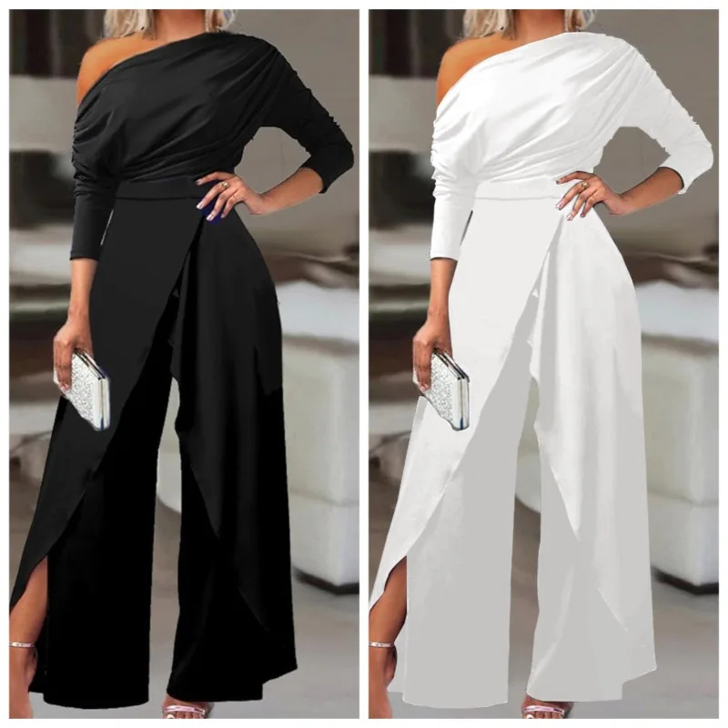 New Spot Amazon One Shoulder Formal Elegant Party Jumpsuit High Quality and High Appearance Level Women's Clothing Jumpsuits