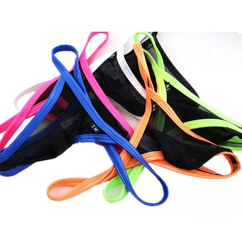 Contrast Trim Mesh G-String Thong for Men Low Waist U-Pouch Elastic Breathable Underwear