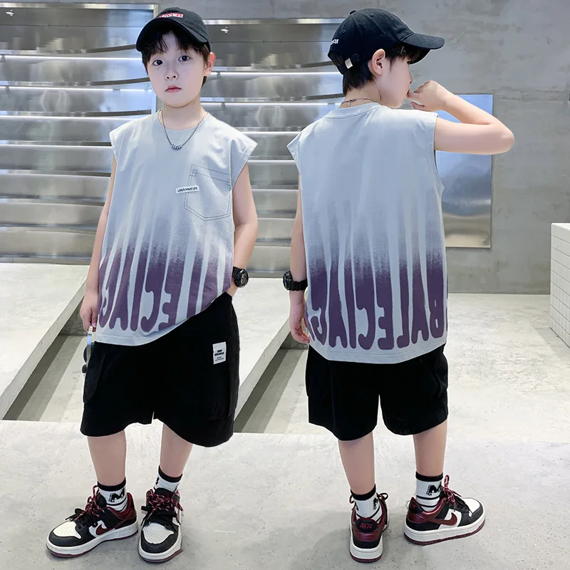 

Fashion Children's Summer Cotton Suit for Boy Sleeveless Top and Bottom Clothes Set 2PCS Outfit Kids Casual Streetwear Tracksuit