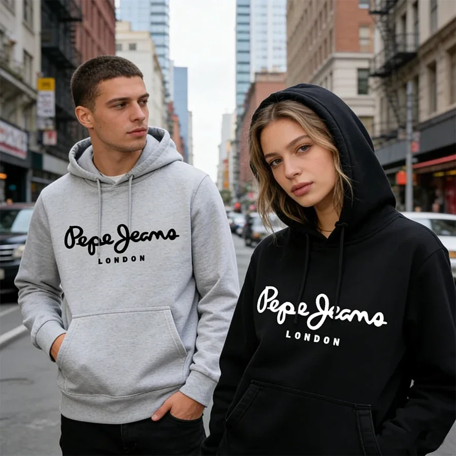 Jaqueta Casual com Capuz Esportiva Confortável e Solta com Estampa de Letras PEPE, Tendência Europeia e Americana para Outono/Inverno, Nova Coleção de