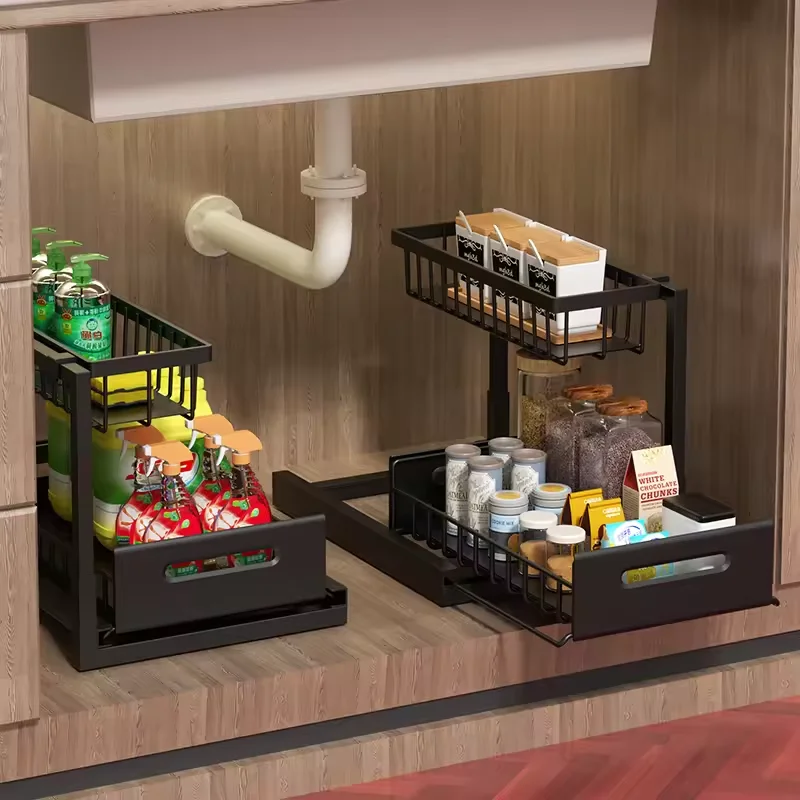 

Kitchen pull-out basket shelf double-layer bowl and plate draining rack single-layer stackable under-sink cabinet layered drawer