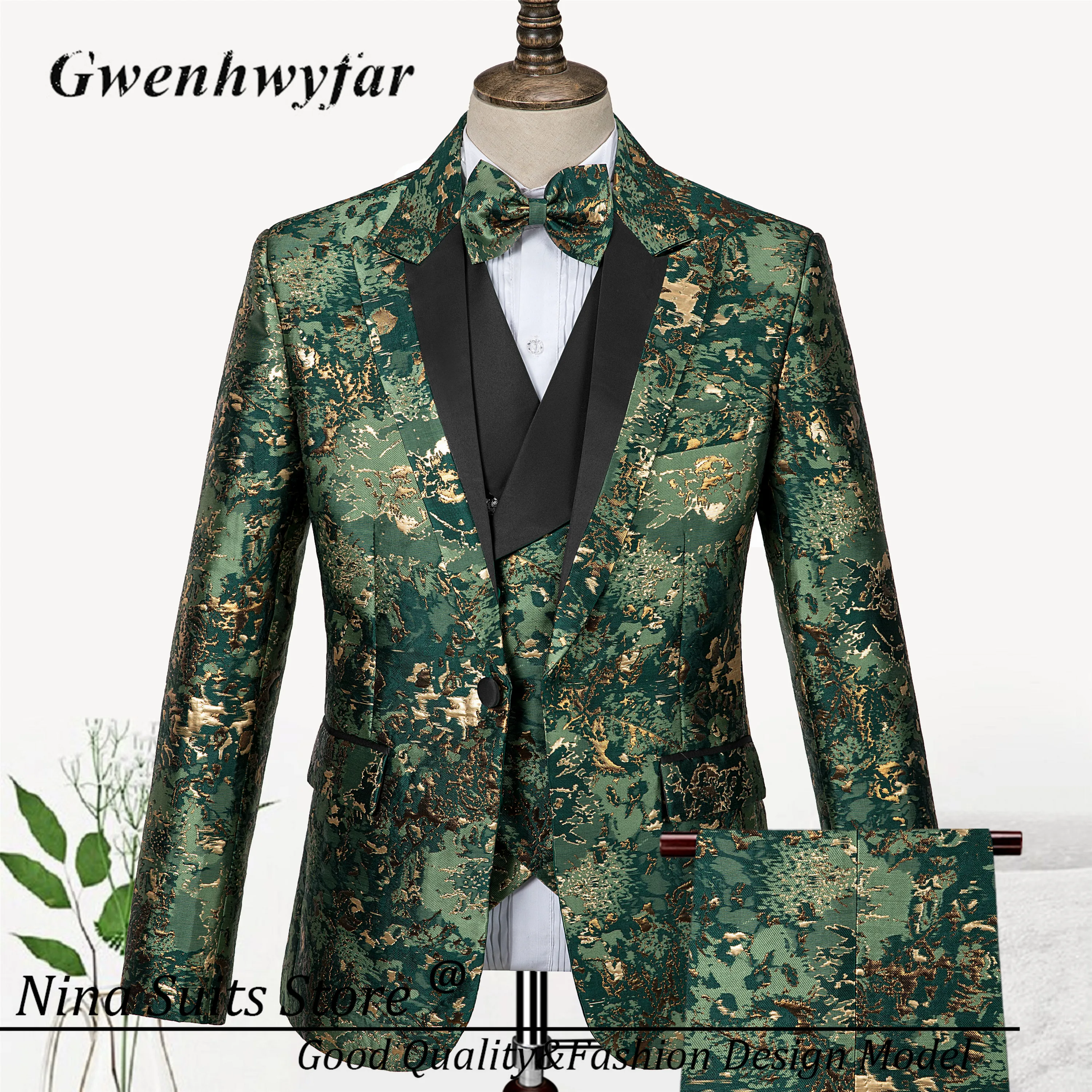 Gwenhwyfar Tailored Camouflage Men Tuxedos High Quality Gold Army Green Pattern Costume Homme Formal Male Suit Blazer Pants Vest