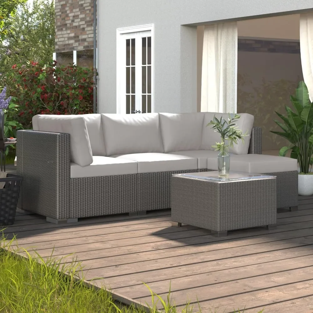 5-Piece Outdoor Patio Rattan Wicker Sofa Set,Sectional with Thickened Back Cushion,Glass Tabletop,Courtyard Space,Light-grey