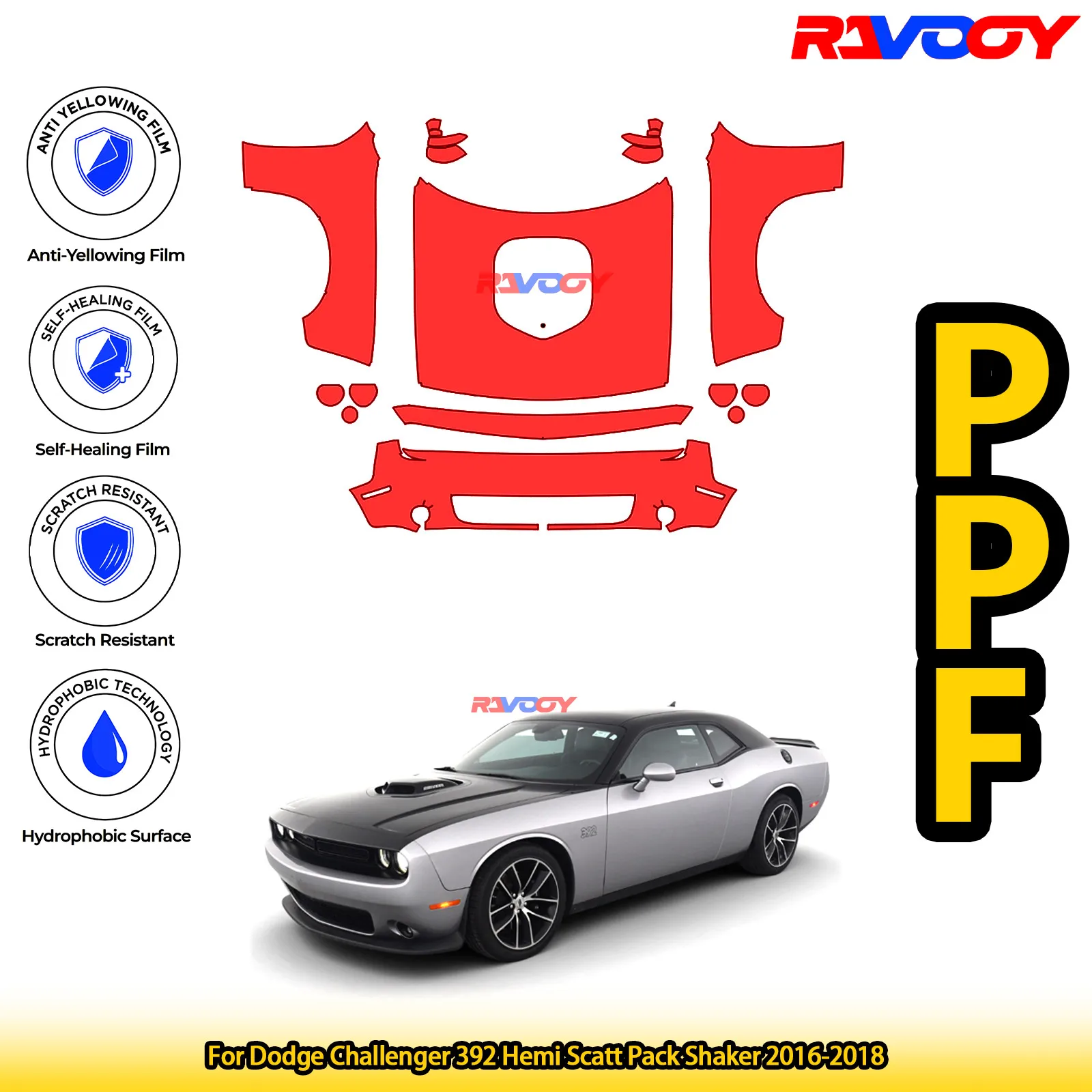 

For Dodge Challenger 392 Hemi Scatt Pack Shaker 2016-2018 Glossy Matte Black Precut front PPF Kit Paint Protection Film