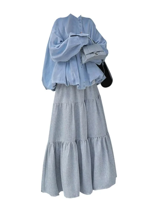 

Blue Shirt Skirt Set Women's Spring Slimming Two-Piece Fashionable Casual Style Literary Maturity Winter Collection 2026