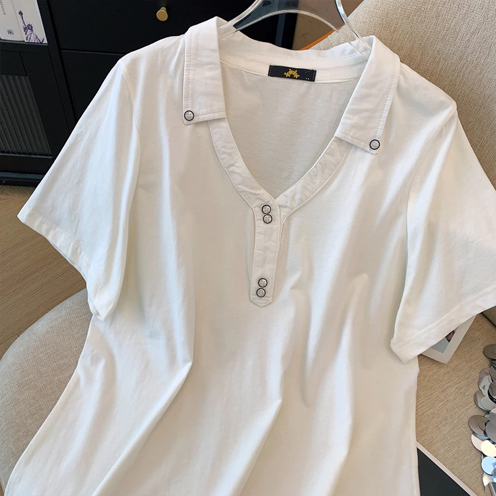 T-shirt en coton à manches courtes pour femme, col en V, boutons simples, haut Piedmont décoré, grande taille, monochrome, décontracté, été, nouveau, 2024