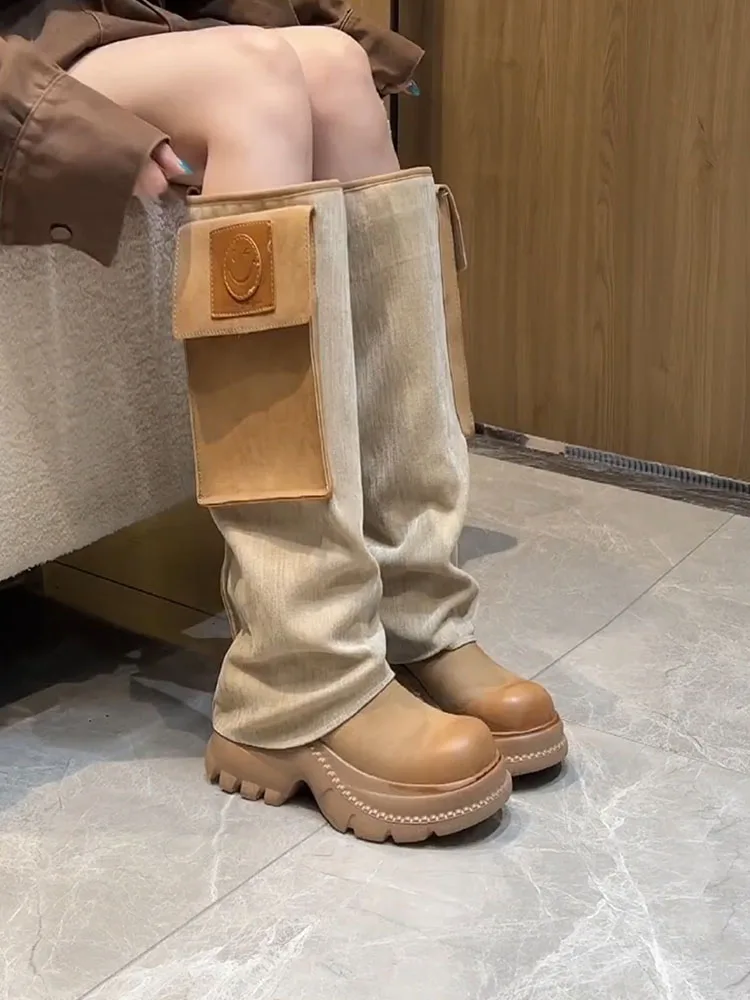 NEW Boots with Denim Belt Buckle, Thick-soled Knee-high Boots for Women, Height-increasing Pants Boots, Motorcycle Boots