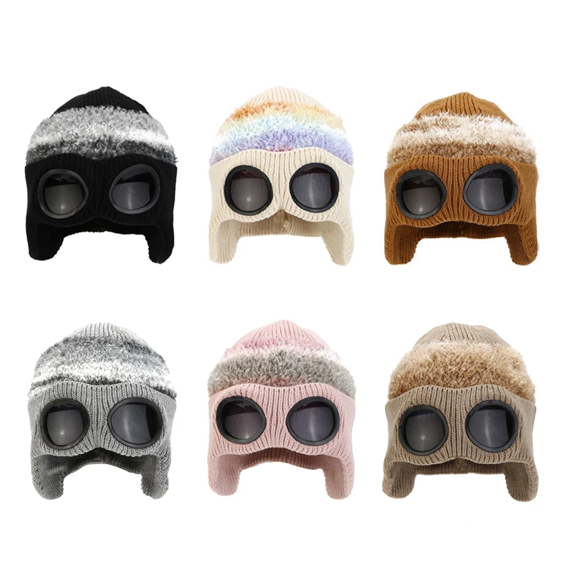 Unisex Fleece Ski Caps Beanie Winter Hat With Goggles Knit Warm Wool Hats Snow Ski Skull Outdoor Cap