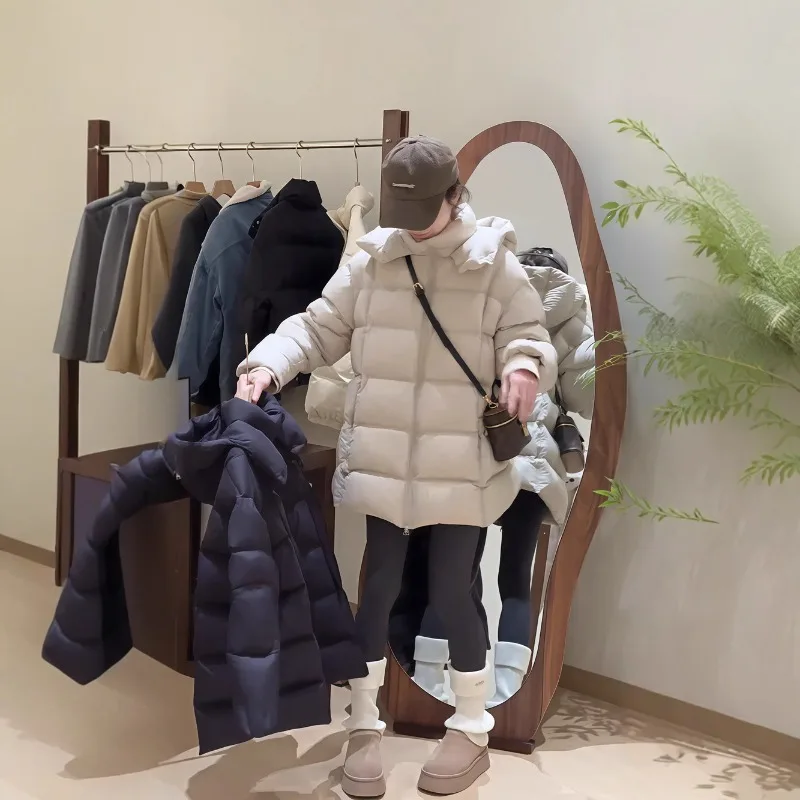 Nieuwe stijl 90% donsverdikte witte eend donsjack, Koreaanse stijl bladerdeegjas voor dames, halflang met capuchon donsjack dames