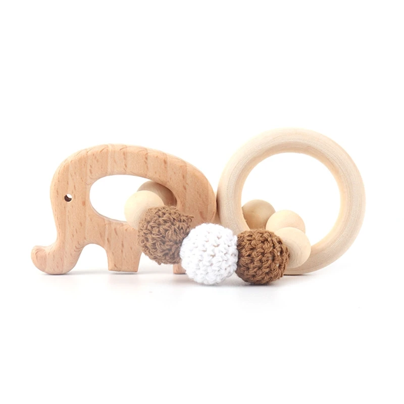 5 Pcs Baby Rattles Natural Wooden Teether Crochet Bead Bracelet Music Hand Set Gym Montessori for Newborn