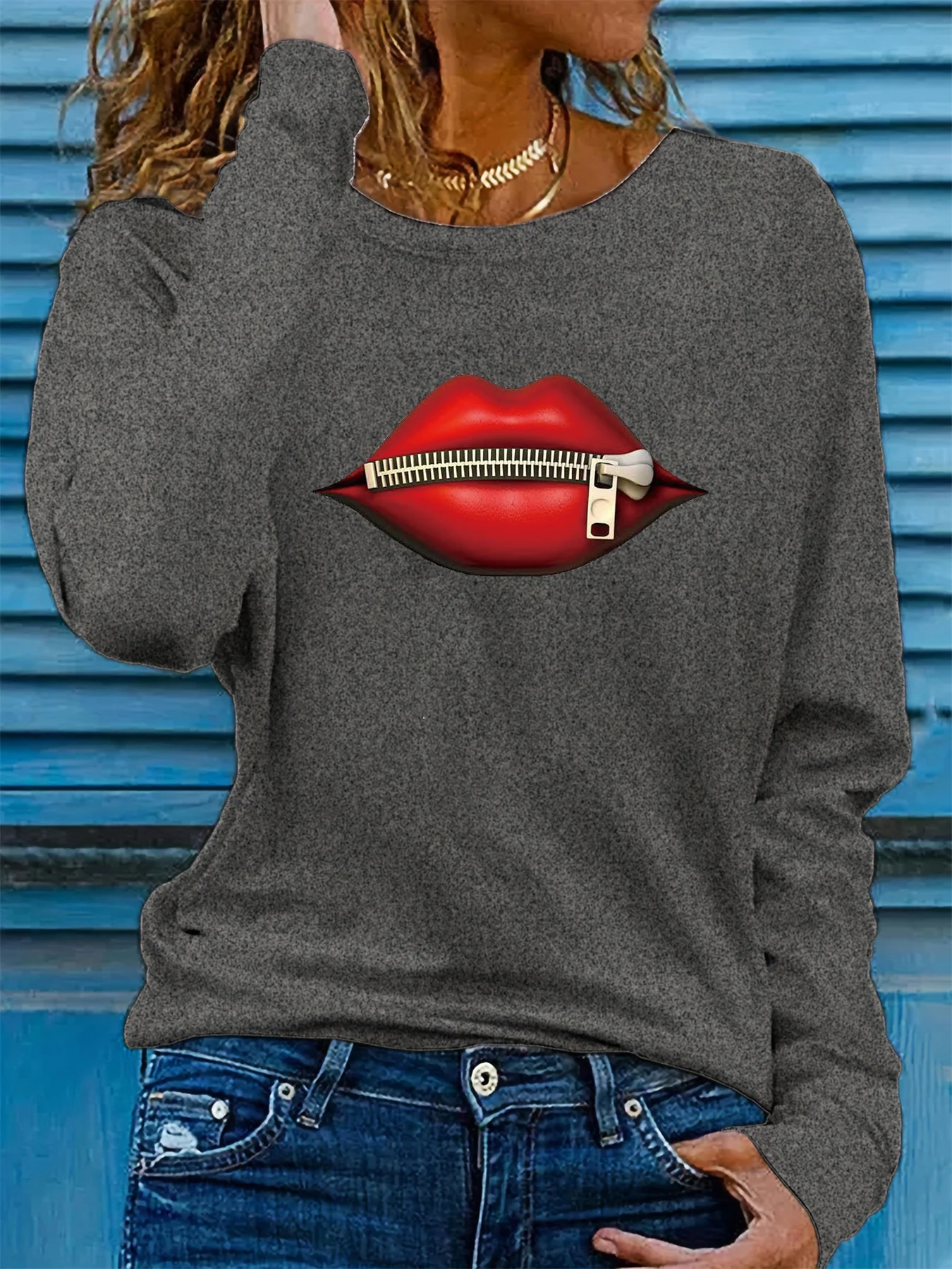 100% Pure Cotton Women's Spring and Autumn Loose Casual Lip Print and Zipper Graphic Print Long Sleeved Round Neck T-Shirt