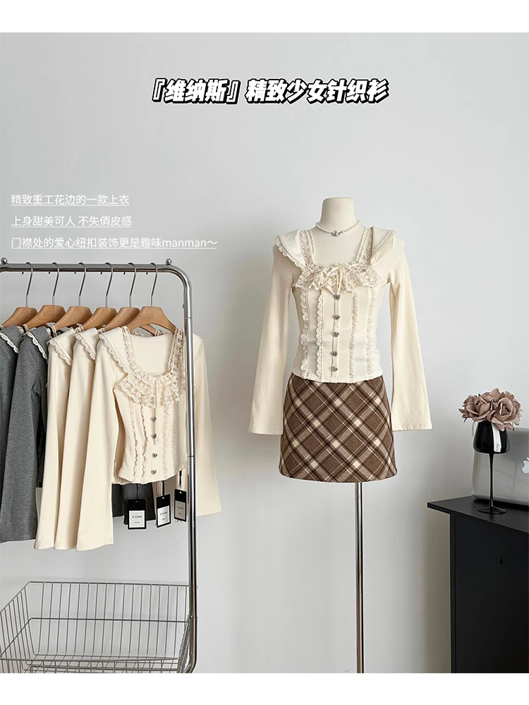 Autumn Women French Vintage Aesthetic Long Sleeve T-Shirts Mori Girl Lace Coquette Square Collar Crop Tops Maillard Fairy Core