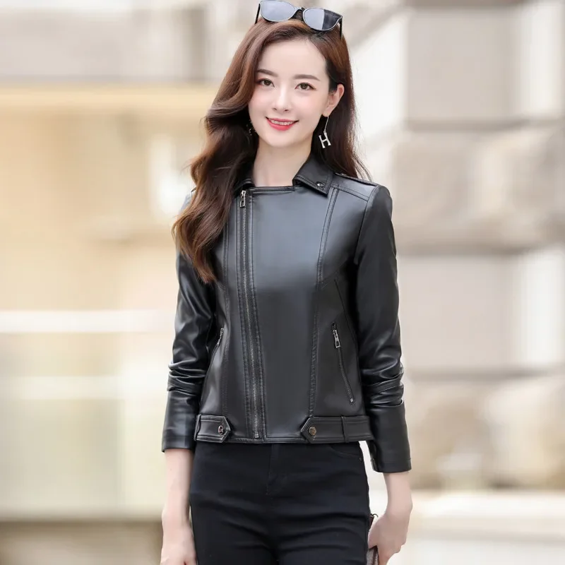 New Korean Versatile Stand Collar Leather Jacket Women 2023 Short Slim Womens Leather Jackets Tailored Collar одежда женская CJK