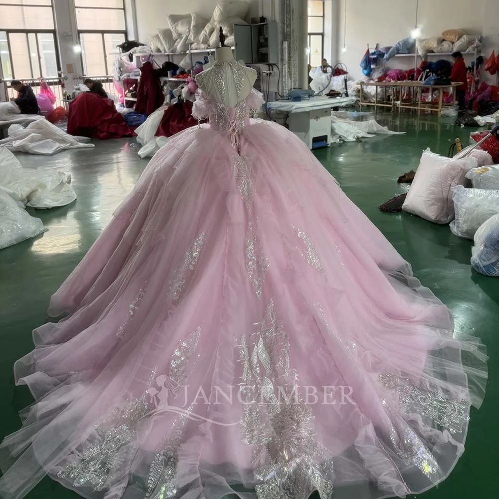 Elegant Diamonds Short Sleeves Quinceanera Dress Girls Bowknot Halter Pleat Off the Shoulder Vestidos De 15 Años Customized