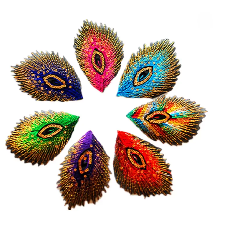 5 Pieces Sequined Embroidery Patches Iron On 3D Appliqued Lace Peacock Tail Multicolor Flower Trims 10.5*7CM Diy