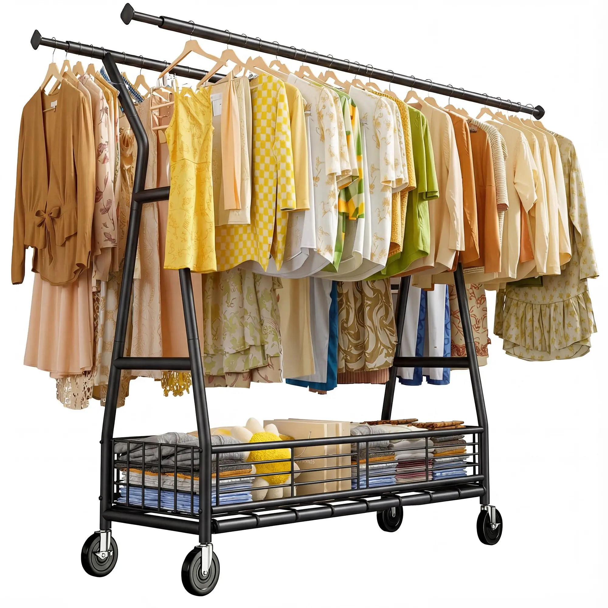 Clothes Rack, 630LBS Heavy Duty, Double Rods with Storage Basket