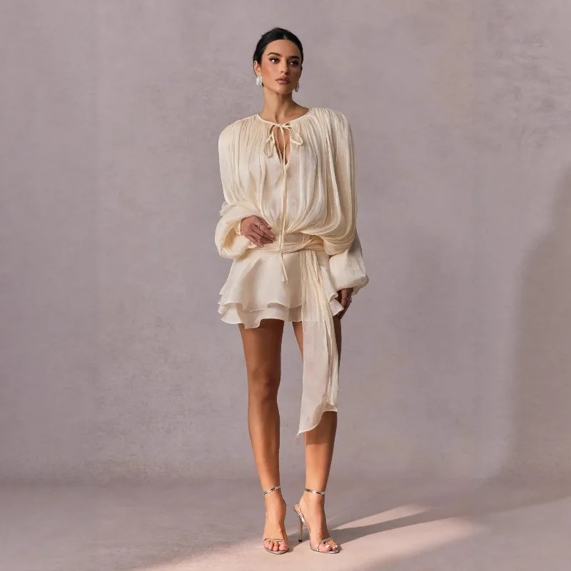 بلوزة صلبة فساتين صغيرة للنساء رقبة على شكل V وأكمام طويلة وأربطة فستان بنمط جميل ملابس نسائية عصرية #5