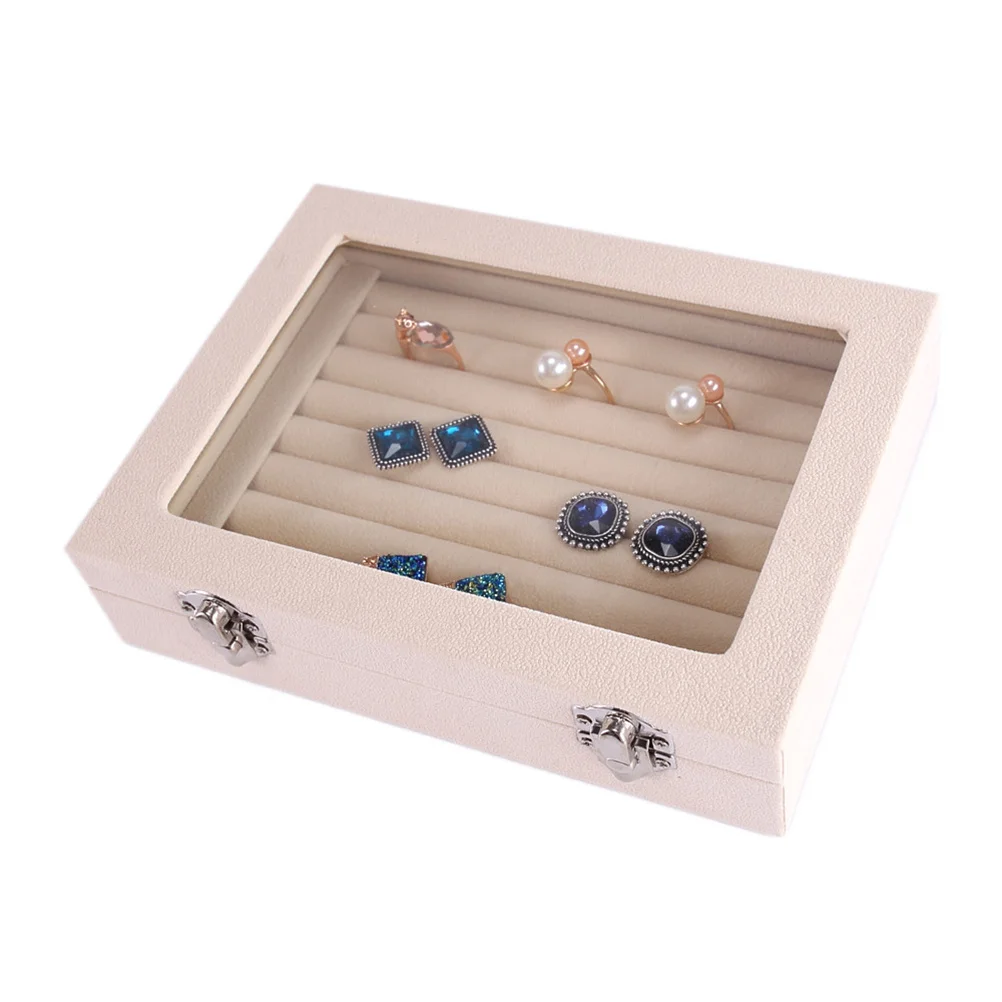 

Clear Lid Jewelry Rings Earrings Tray Showcase Display Storage Box Organizer Gift for and Women (Beige)