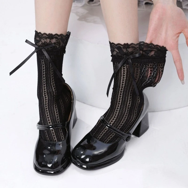 White Socks Japanese Style Lolita Cute Bow Lace Trim Calf Sock Women's Thin Mesh Long Sock Jk Kawaii Designer Socks Girls Gifts