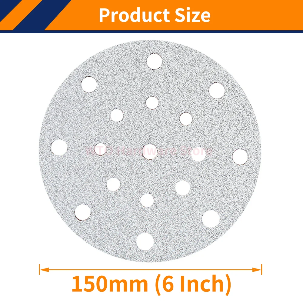 50PCS 6 Inch 17 Hole White Round Sanding Discs 60-800 Grits Random Orbit Sandpaper Hook & Loop Sanding Discs for Putty Polishing