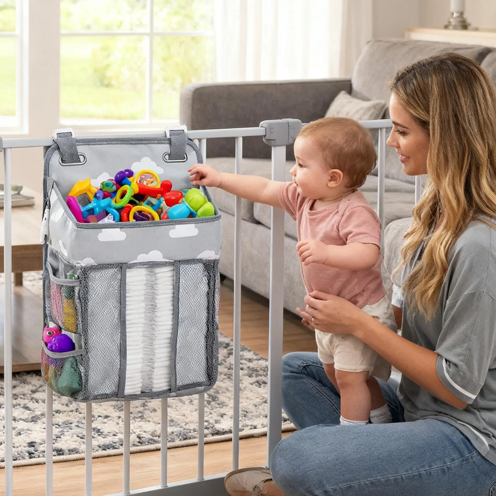 Diaper Holder For Crib Adjustable Multi-Pocket Baby Stuff Storage Organizer Nursery Organization Diaper Holder For Wall Door
