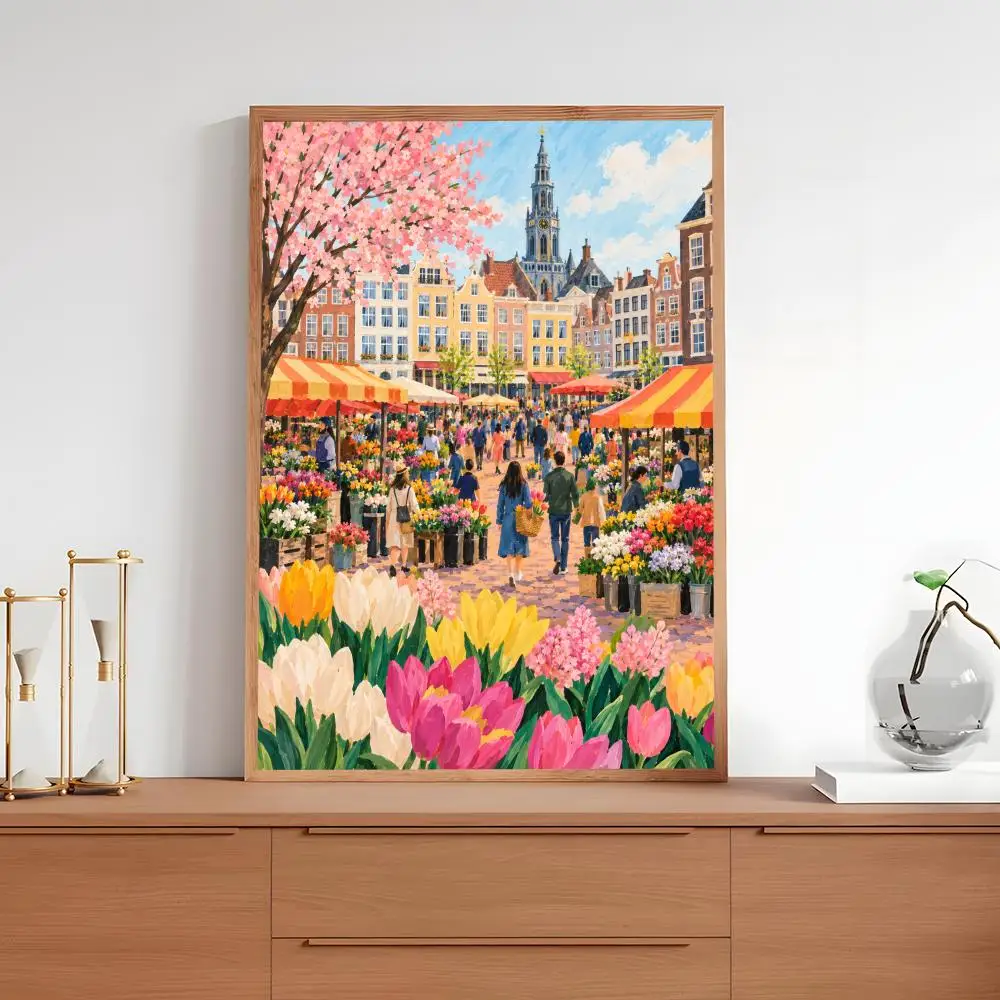 Flower Market Amsterdam Watercolor Wall Art Amsterdam Canals Netherlands Travel  Home Decor Poster