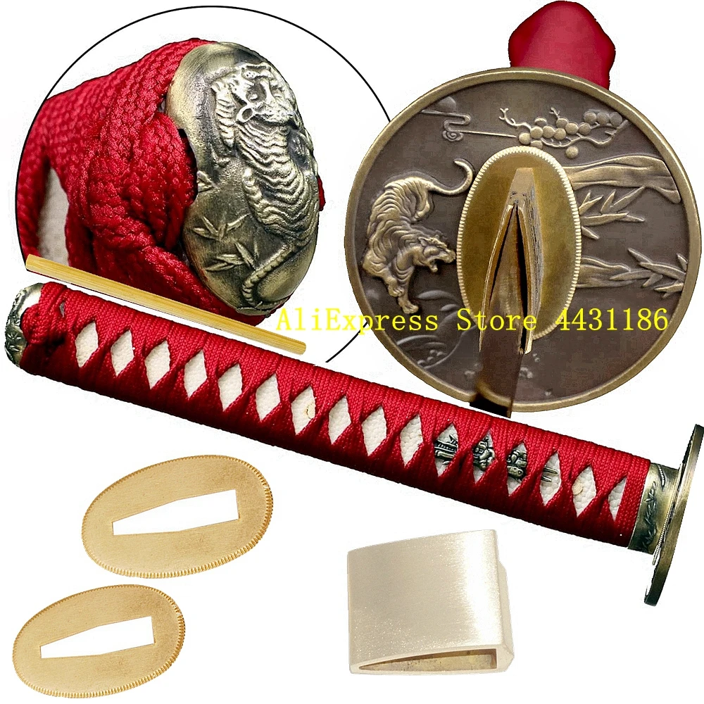 

26CM Handle Real Katana Japanese Samurai Sword Metal Fittings Set Alloy Tiger Tsuba+Menuki+Fuchi+Kashira+Habaki+Seppa+Tsuka