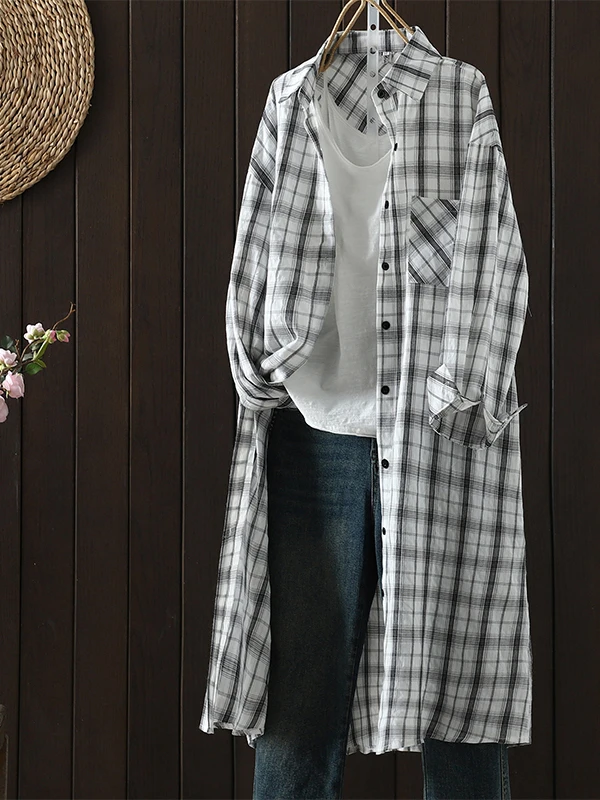 

Loose Fit Long Sleeve Plaid Cotton Shirt Women's Casual Style Breathable Autumn Outerwear Open Cardigan Large Size Shirt