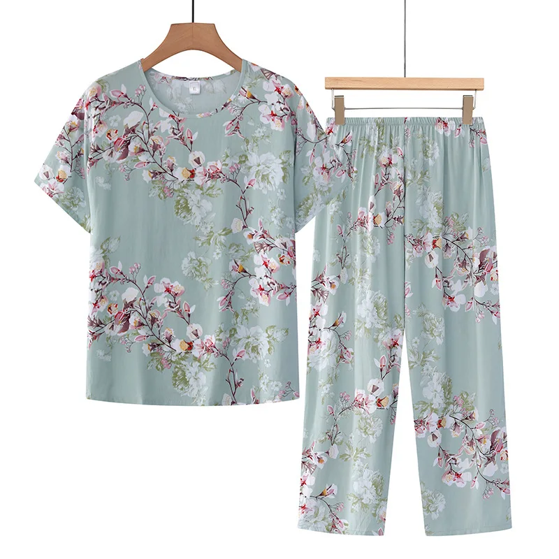 Korean Reviews Many Pajamas Set Summer Women 2 Piece Set Outfit Thin Grandma Pajama Sets Big Size Pijama Printing Home Wear