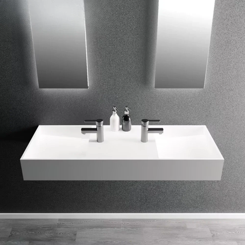 Modern Rectangular Wall-mounted Solid Surface Bathroom Basin Ceramic Marble Drain Polished Fitting For Apartment Installation