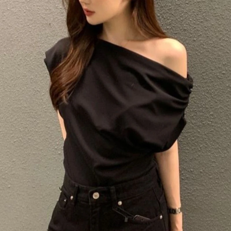 Summer New Off Shoulder Pleated Tops Tees Short Sleeve Solid Color Loose Youth Simplicity T Shirts Elegant Fashion Women Clothes