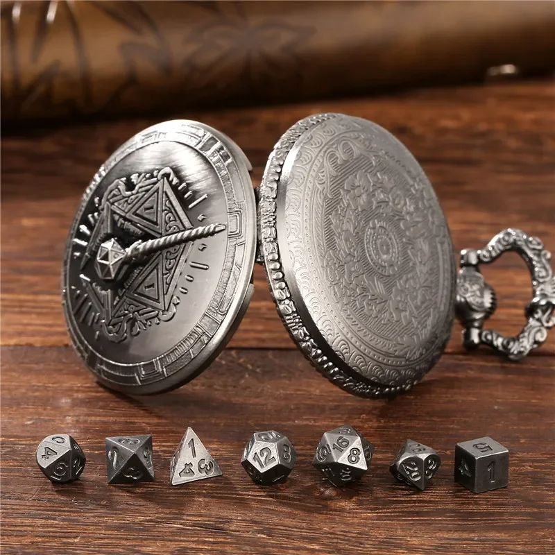7Pcs Tiny Polyhedral Metal Dice Set for Table Role Play Gaming Dices Antique Magic Wand Pocket Watch Case with Pendant Chain
