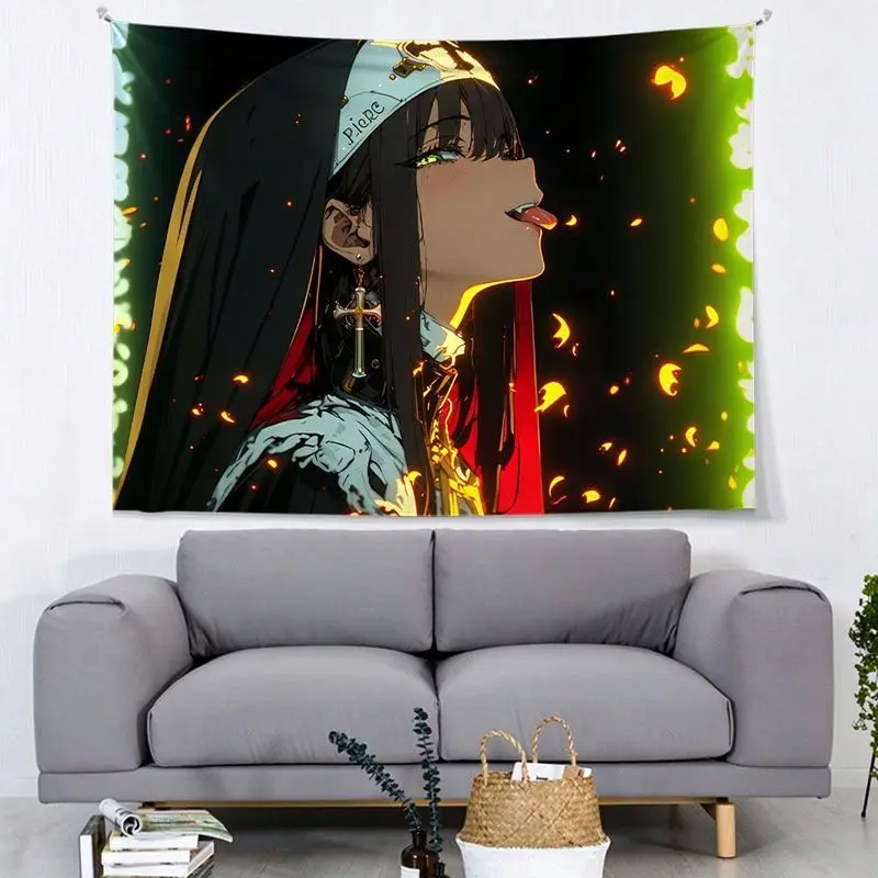VIKAMA Green Neon Anime Nun Cross Wall Hanging Art Tapestry Room Decor Bedroom Dorm Home Blacklight Dark Cool Soft Durable Cozy