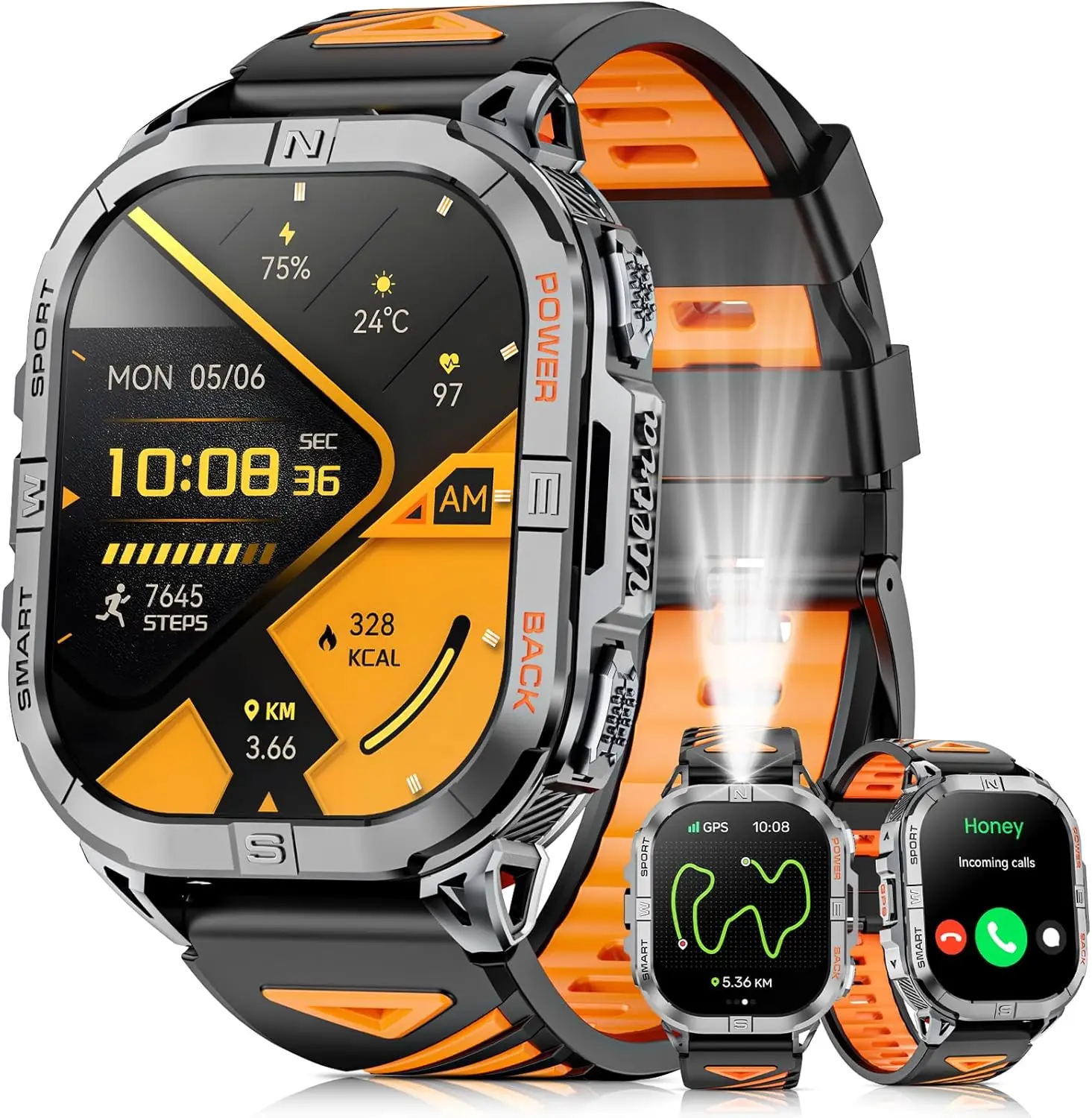 

Military Smart Watch with GPS, LED Flashlight, Compass, 2.13" AMOLED Display, Call Function, 3ATM Waterproof for iPhone Android