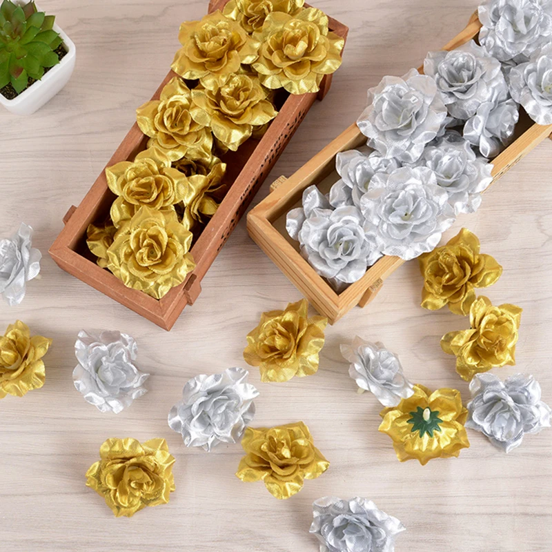 10-50pcs 6cm Gold Sliver Artificial Flower Head Silk Rose Fake Flowers Banquet For Wedding Home Decoration DIY Christmas Wreath