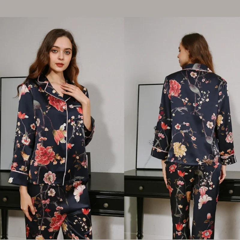 Ensemble pyjama en satin mûrier imprimé floral, vêtements de nuit, vêtements de nuit trempés, bouton vers le bas, manches longues, pantalon en Y, inj2 pièces, 100%