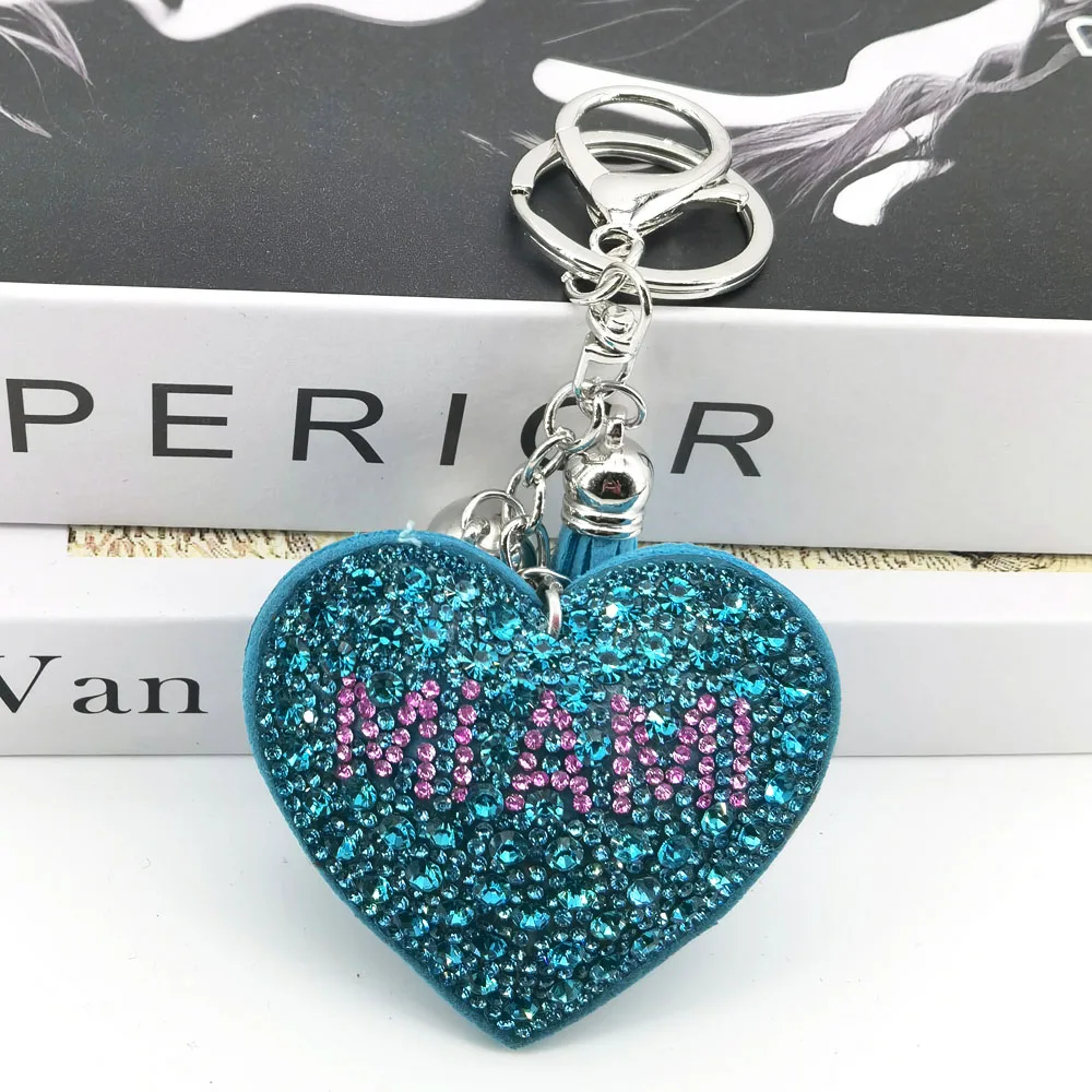 Miami Heart Keychain Leather Tassel Key Holder Metal Crystal Key Chain Keyring Charm Bag Auto Pendant Gift Wholesale Price