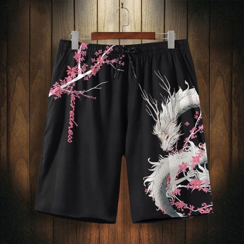 Mens Shorts Harajuku Chinese Dragon Print Quick Dry Beach Shorts Loose Fit Knee Length Summer Casual Sports Unisex Fashion Trend