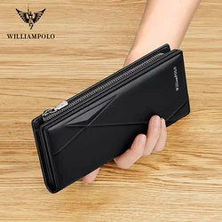 WilliamPOLO Brand Men Genuine Leather Wallet Zipper Coin Pocket Business Clutch Wallets Bag Male Long Wallets Men Wallet For Men