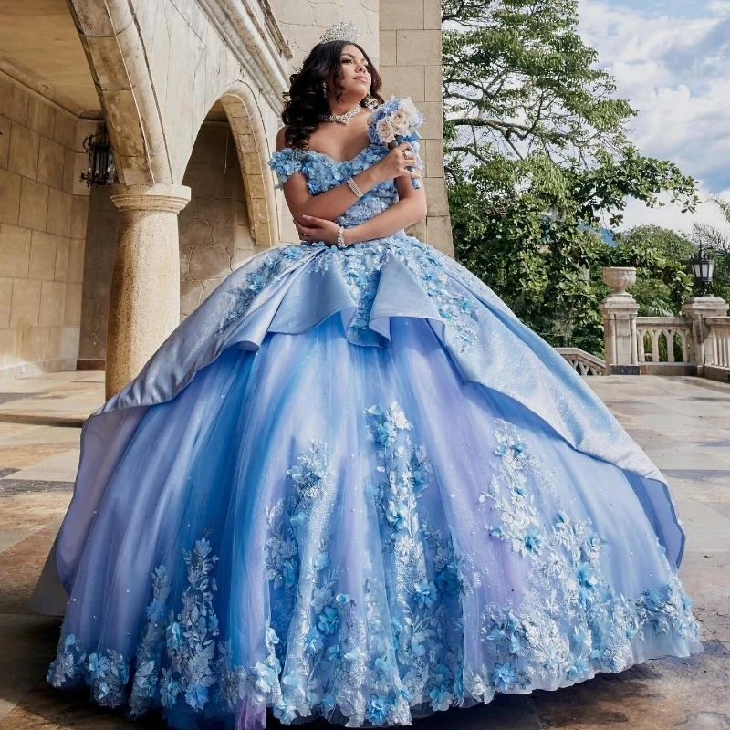 

Sky Blue Quinceanera Dress Off The Shoulder Lace Applique Sequins Beading Tull Mexican Sweet 16 Vestidos De XV 15 Anos Birthday