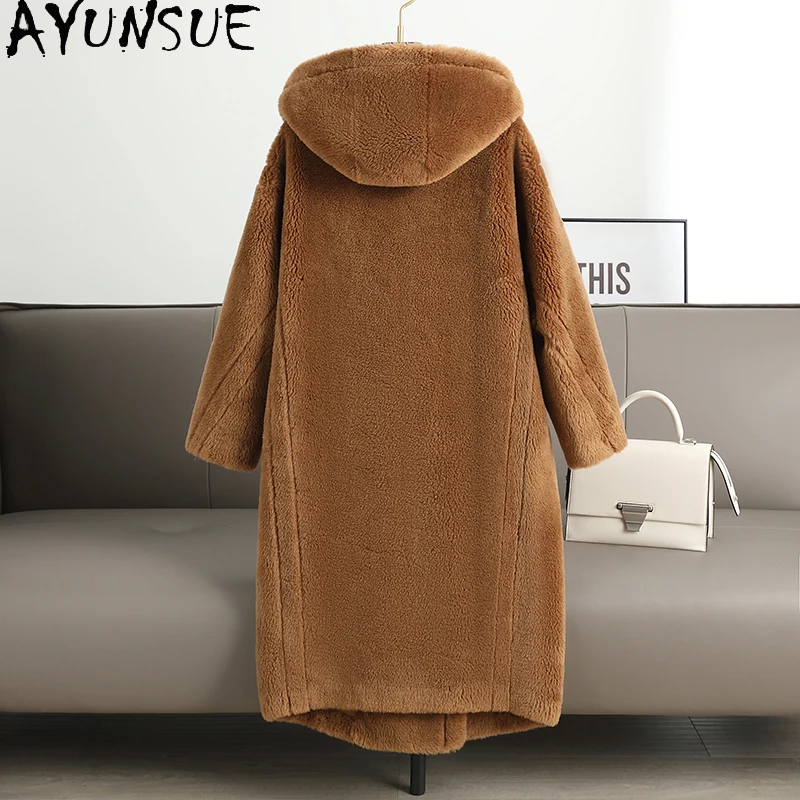 AYUNSUE 여성용 100% 천연 울 코트 여성 의류를위한 중간 길이 패션 자켓 겨울 겉옷 Abrigo Mujer