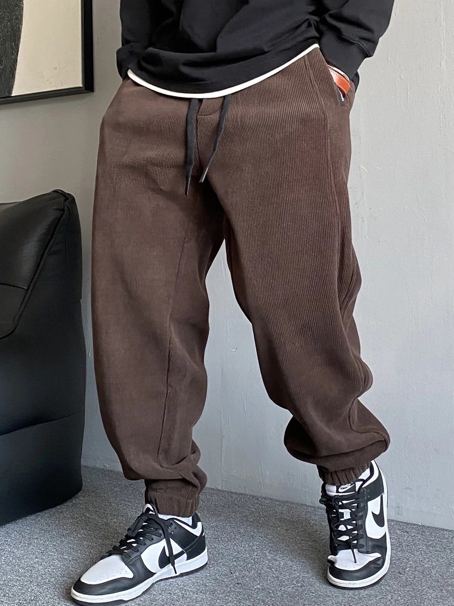 

Мужские повседневные вельветовые спортивные штаны больших размеров на осень-зиму в американском стиле, свободные брюки с эластичными шнурками, повседневные брюки